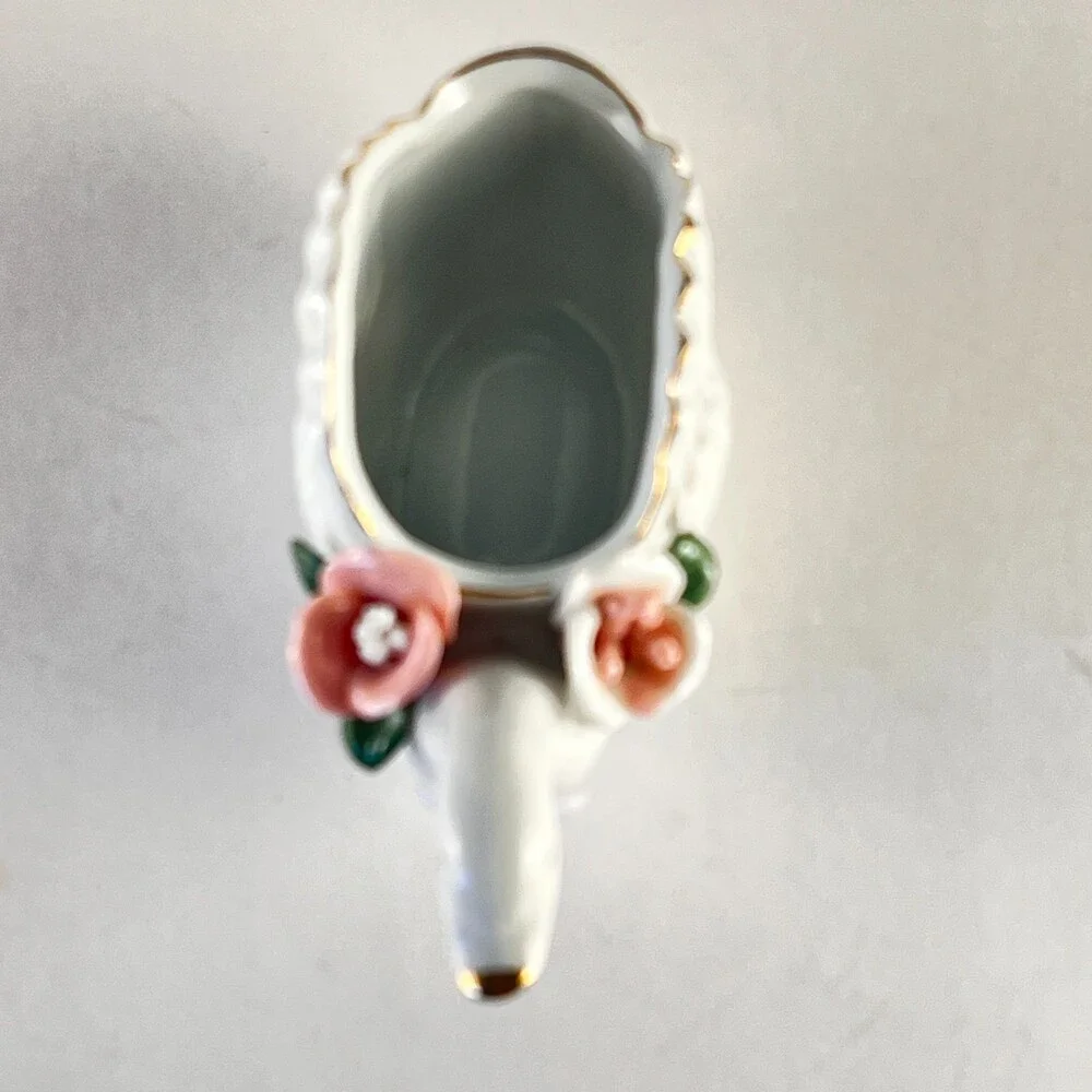 Porcelain Swan Catchall Bowl Applied Pink Roses Gold Accents Iridescent Dish